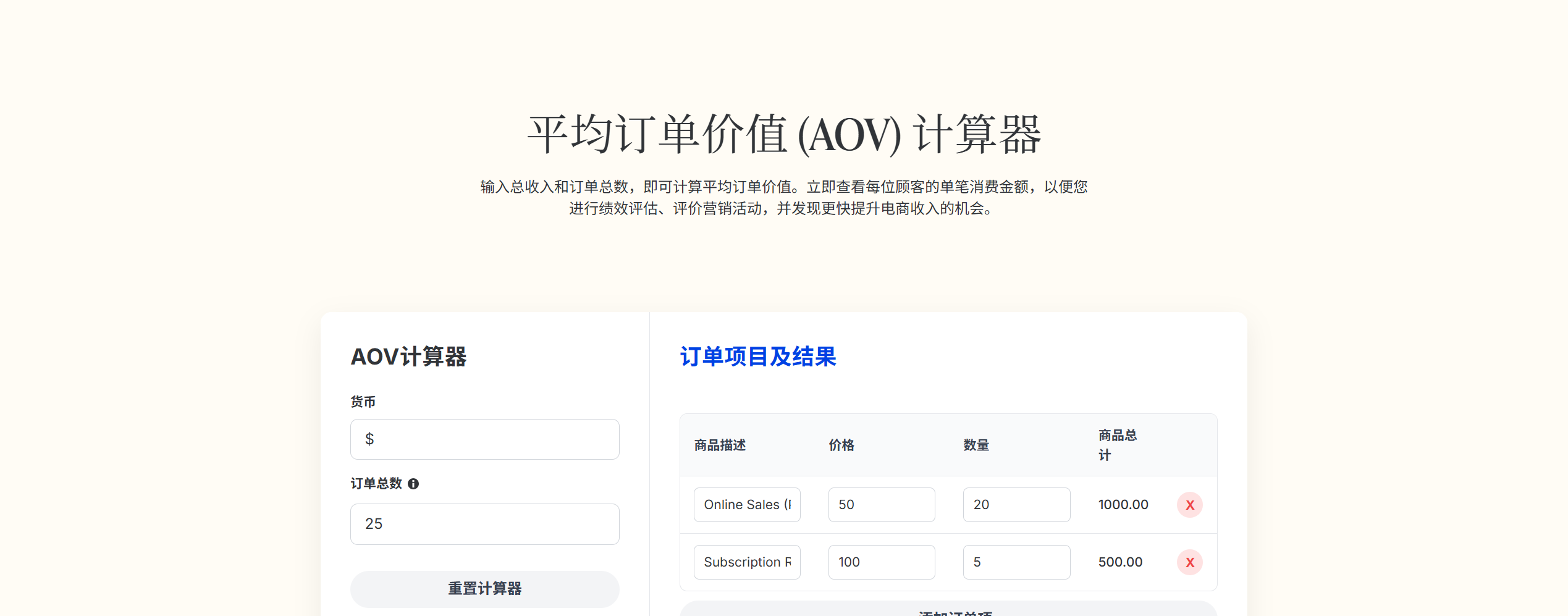 平均订单价值 (AOV) 计算器